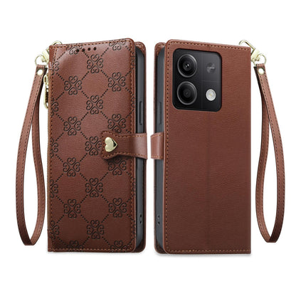 For Redmi Note 13 5G Zipper Wallet Heart Buckle Vegan Leather Phone Case with Wrist Strap(Brown)
