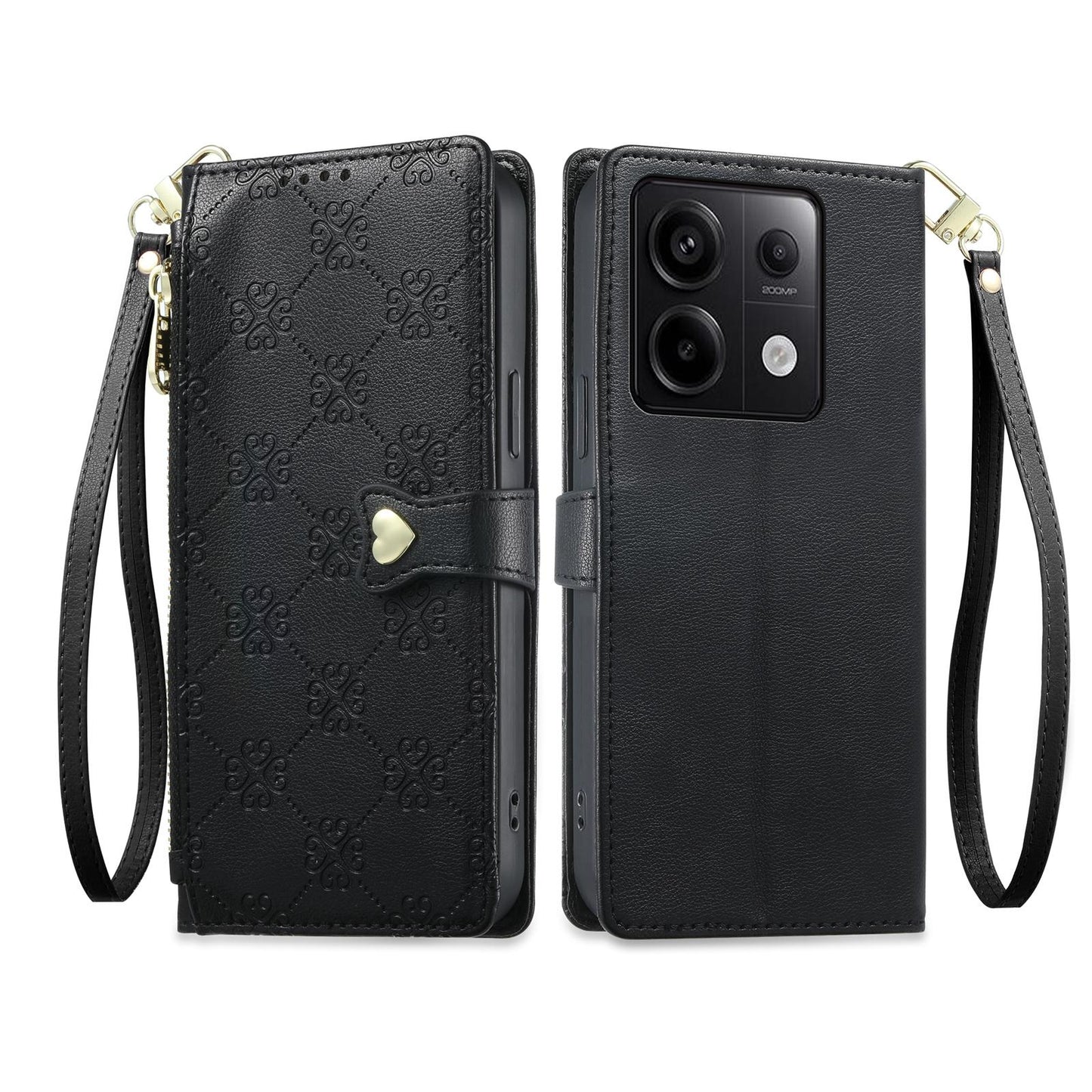 For Redmi Note 13 Pro 5G / Poco X6 Zipper Wallet Heart Buckle Vegan Leather Phone Case with Wrist Strap(Black)