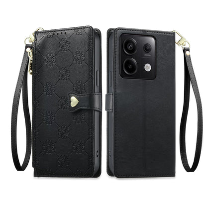 For Redmi Note 13 Pro 5G / Poco X6 Zipper Wallet Heart Buckle Vegan Leather Phone Case with Wrist Strap(Black)