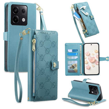 For Redmi Note 13 Pro 5G / Poco X6 Zipper Wallet Heart Buckle Vegan Leather Phone Case with Wrist Strap(Lake Blue)