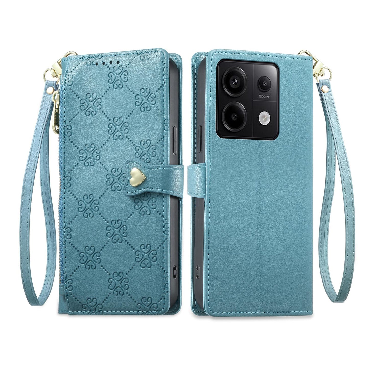 For Redmi Note 13 Pro 5G / Poco X6 Zipper Wallet Heart Buckle Vegan Leather Phone Case with Wrist Strap(Lake Blue)
