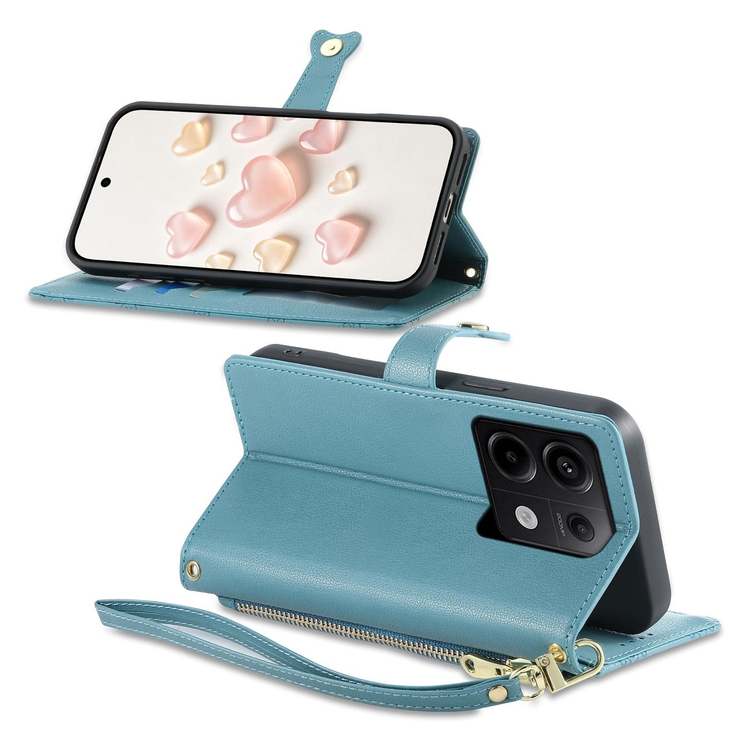 For Redmi Note 13 Pro 5G / Poco X6 Zipper Wallet Heart Buckle Vegan Leather Phone Case with Wrist Strap(Lake Blue)