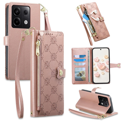 For Redmi Note 13 Pro 5G / Poco X6 Zipper Wallet Heart Buckle Vegan Leather Phone Case with Wrist Strap(Pink)