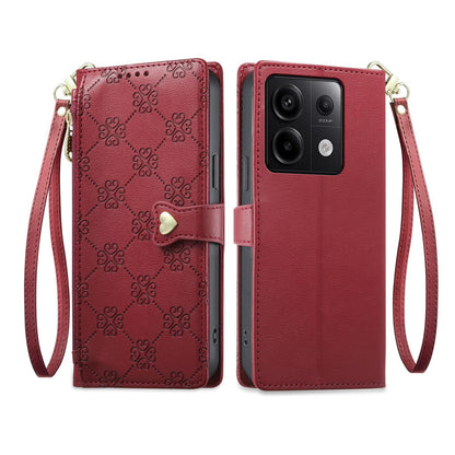 For Redmi Note 13 Pro 5G / Poco X6 Zipper Wallet Heart Buckle Vegan Leather Phone Case with Wrist Strap(Red)