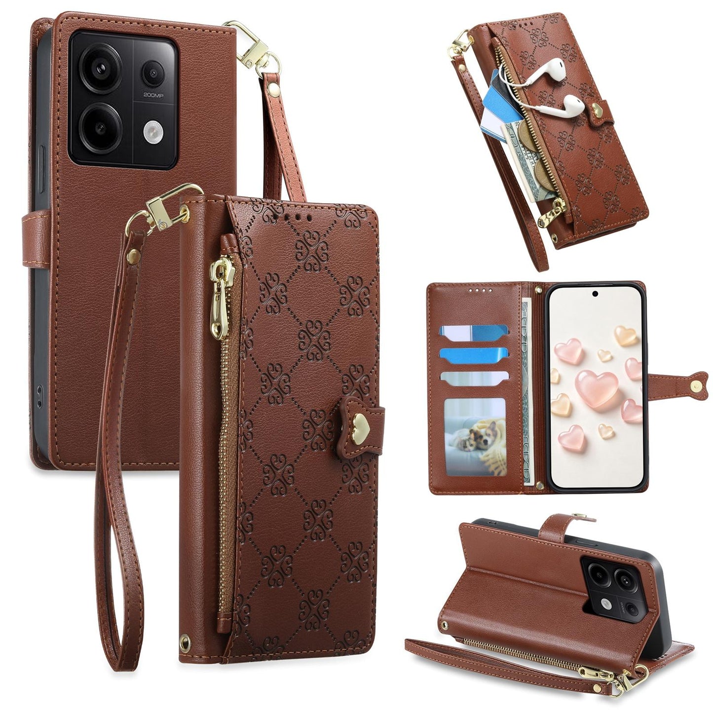 For Redmi Note 13 Pro 5G / Poco X6 Zipper Wallet Heart Buckle Vegan Leather Phone Case with Wrist Strap(Brown)