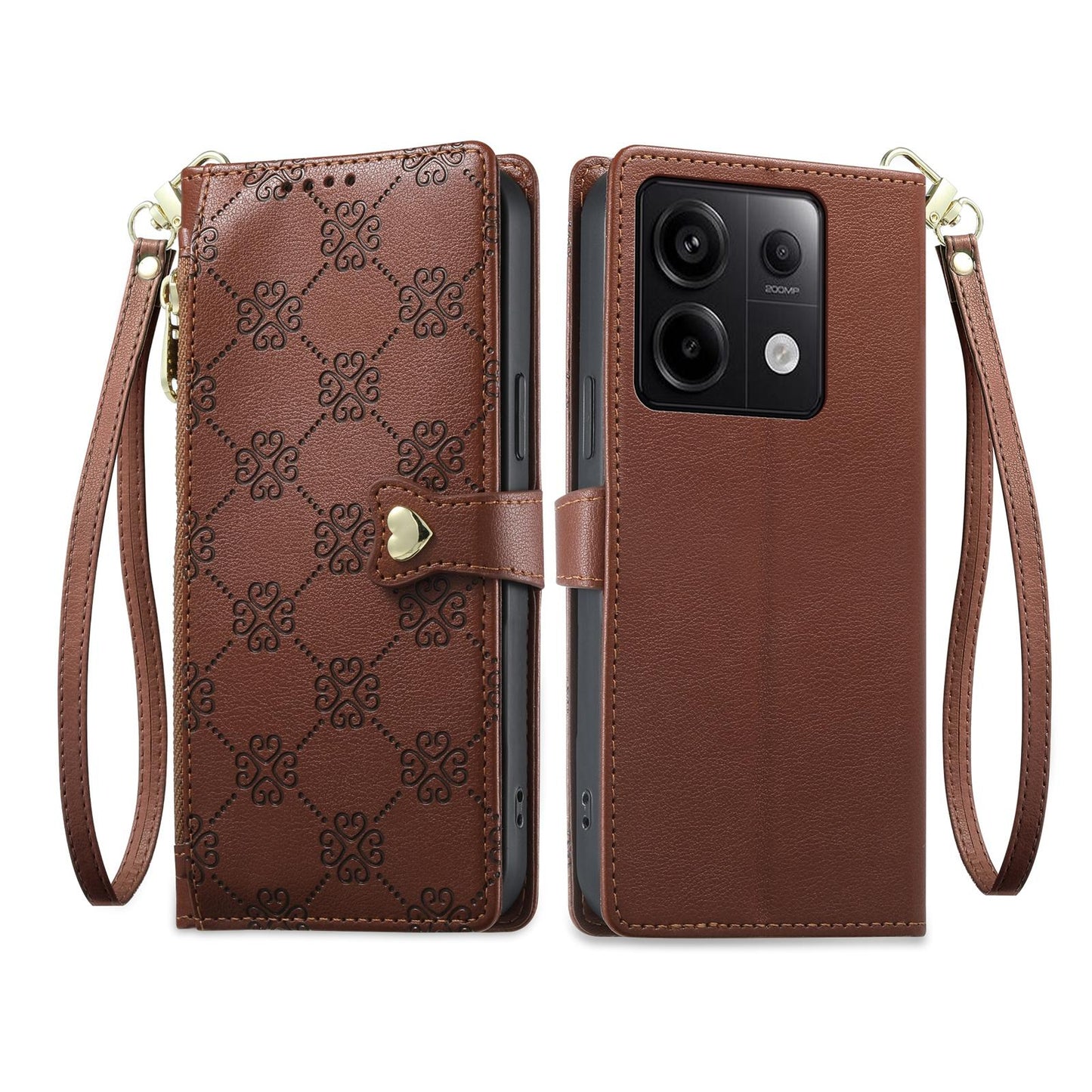 For Redmi Note 13 Pro 5G / Poco X6 Zipper Wallet Heart Buckle Vegan Leather Phone Case with Wrist Strap(Brown)