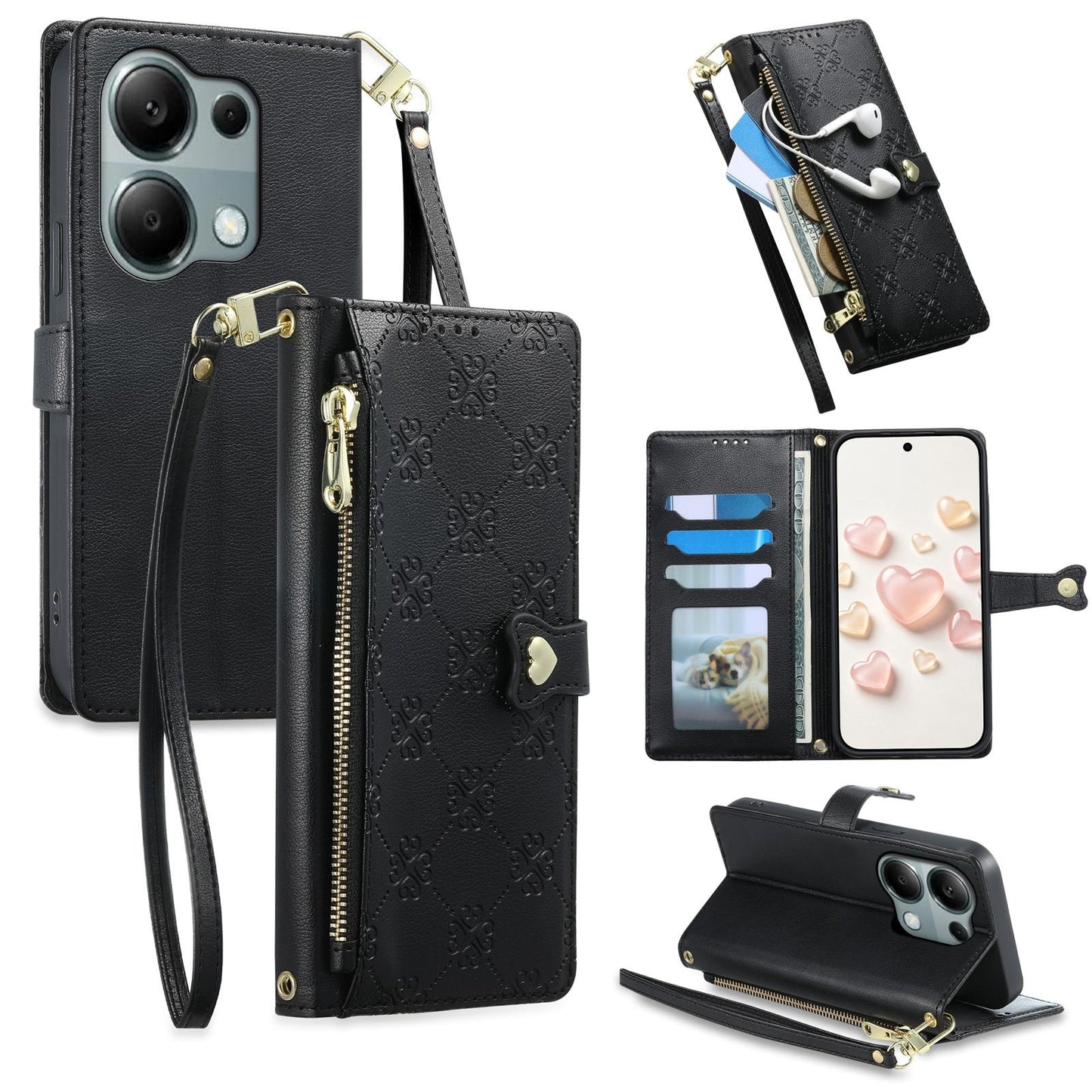 For Redmi Note 13 Pro 4G / Poco M6 Pro 4G Zipper Wallet Heart Buckle Vegan Leather Phone Case with Wrist Strap(Black)