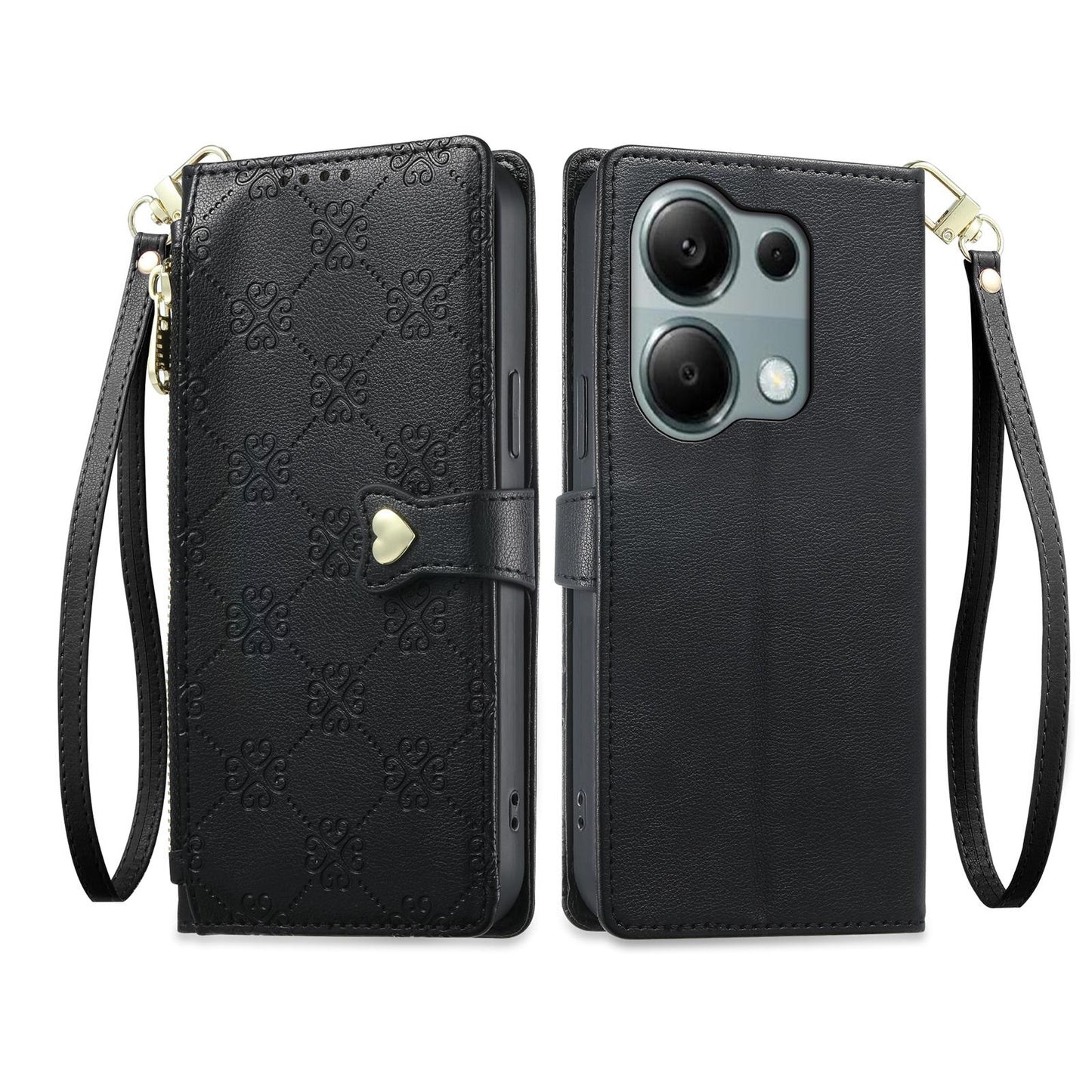 For Redmi Note 13 Pro 4G / Poco M6 Pro 4G Zipper Wallet Heart Buckle Vegan Leather Phone Case with Wrist Strap(Black)