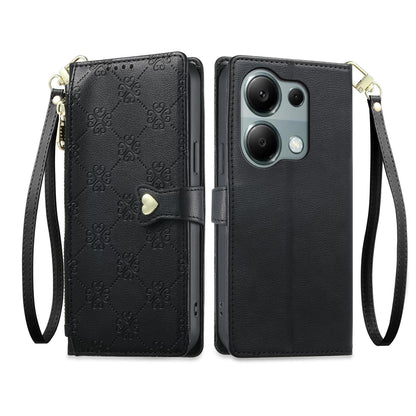 For Redmi Note 13 Pro 4G / Poco M6 Pro 4G Zipper Wallet Heart Buckle Vegan Leather Phone Case with Wrist Strap(Black)