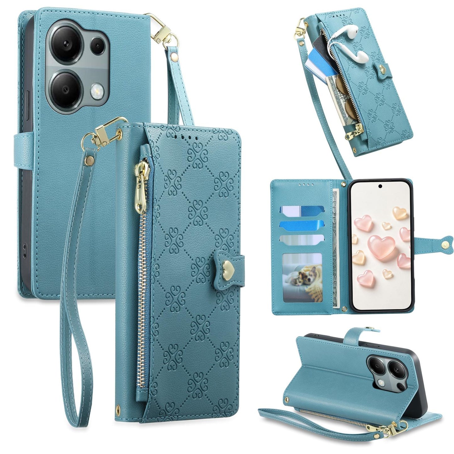 For Redmi Note 13 Pro 4G / Poco M6 Pro 4G Zipper Wallet Heart Buckle Vegan Leather Phone Case with Wrist Strap(Lake Blue)
