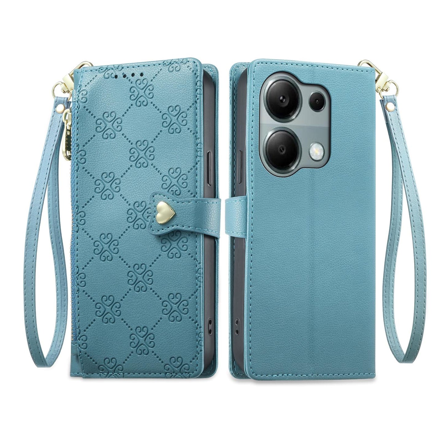 For Redmi Note 13 Pro 4G / Poco M6 Pro 4G Zipper Wallet Heart Buckle Vegan Leather Phone Case with Wrist Strap(Lake Blue)