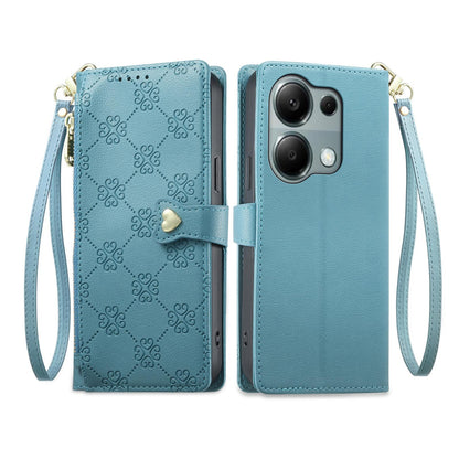 For Redmi Note 13 Pro 4G / Poco M6 Pro 4G Zipper Wallet Heart Buckle Vegan Leather Phone Case with Wrist Strap(Lake Blue)