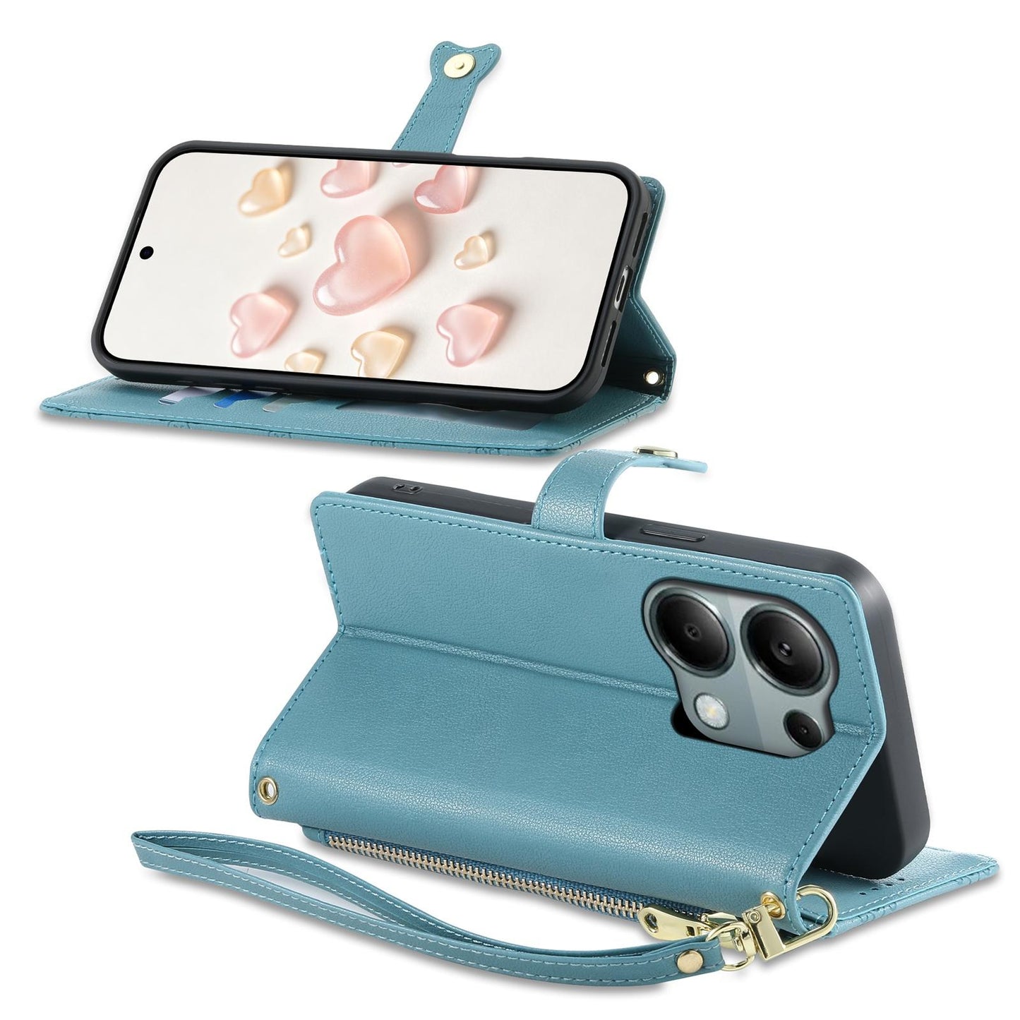 For Redmi Note 13 Pro 4G / Poco M6 Pro 4G Zipper Wallet Heart Buckle Vegan Leather Phone Case with Wrist Strap(Lake Blue)