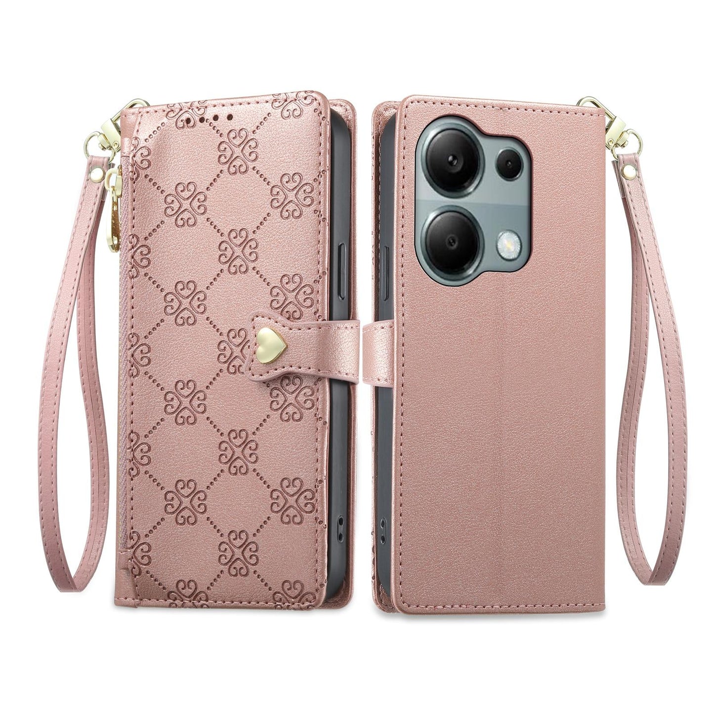 For Redmi Note 13 Pro 4G / Poco M6 Pro 4G Zipper Wallet Heart Buckle Vegan Leather Phone Case with Wrist Strap(Pink)