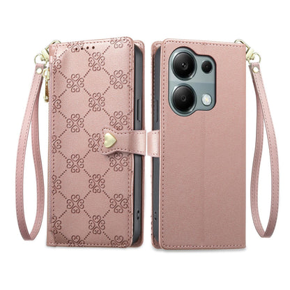 For Redmi Note 13 Pro 4G / Poco M6 Pro 4G Zipper Wallet Heart Buckle Vegan Leather Phone Case with Wrist Strap(Pink)