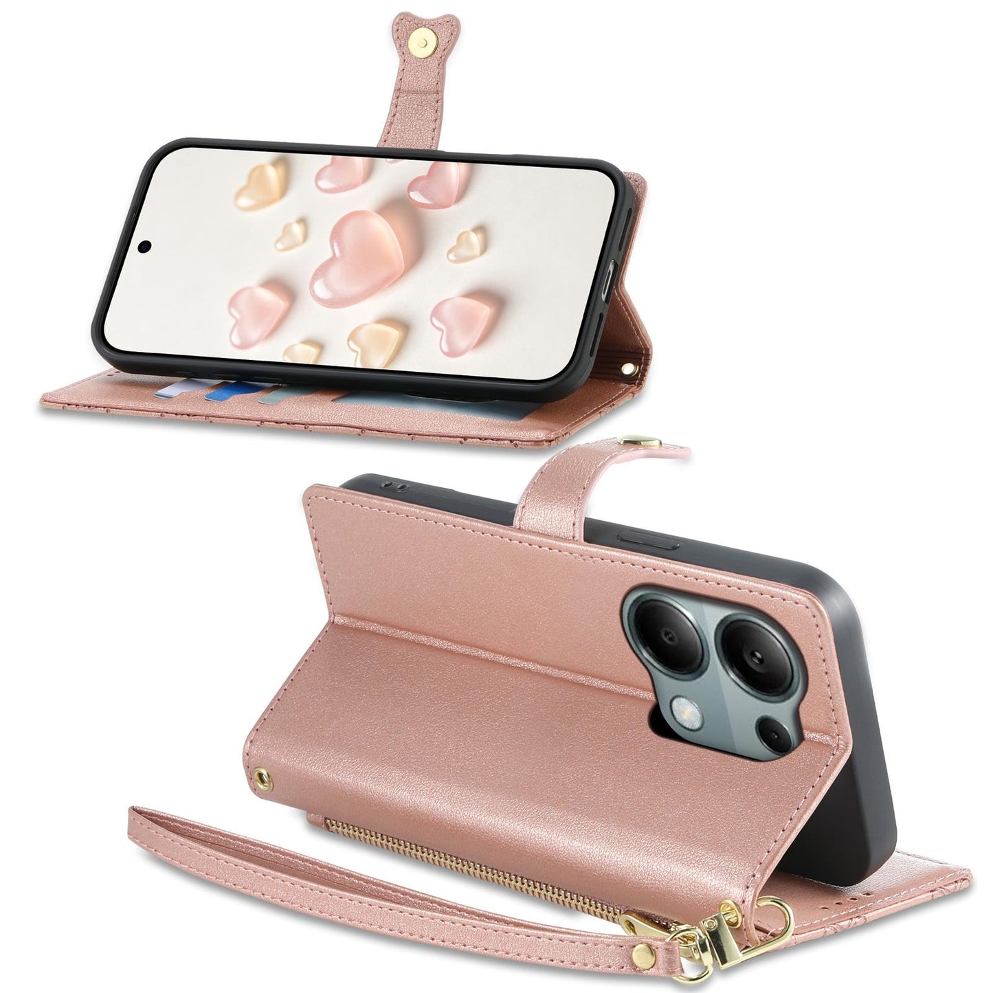 For Redmi Note 13 Pro 4G / Poco M6 Pro 4G Zipper Wallet Heart Buckle Vegan Leather Phone Case with Wrist Strap(Pink)