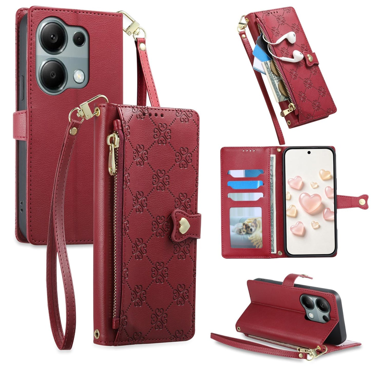 For Redmi Note 13 Pro 4G / Poco M6 Pro 4G Zipper Wallet Heart Buckle Vegan Leather Phone Case with Wrist Strap(Red)