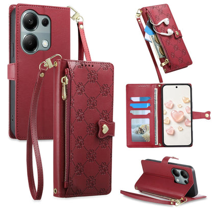 For Redmi Note 13 Pro 4G / Poco M6 Pro 4G Zipper Wallet Heart Buckle Vegan Leather Phone Case with Wrist Strap(Red)