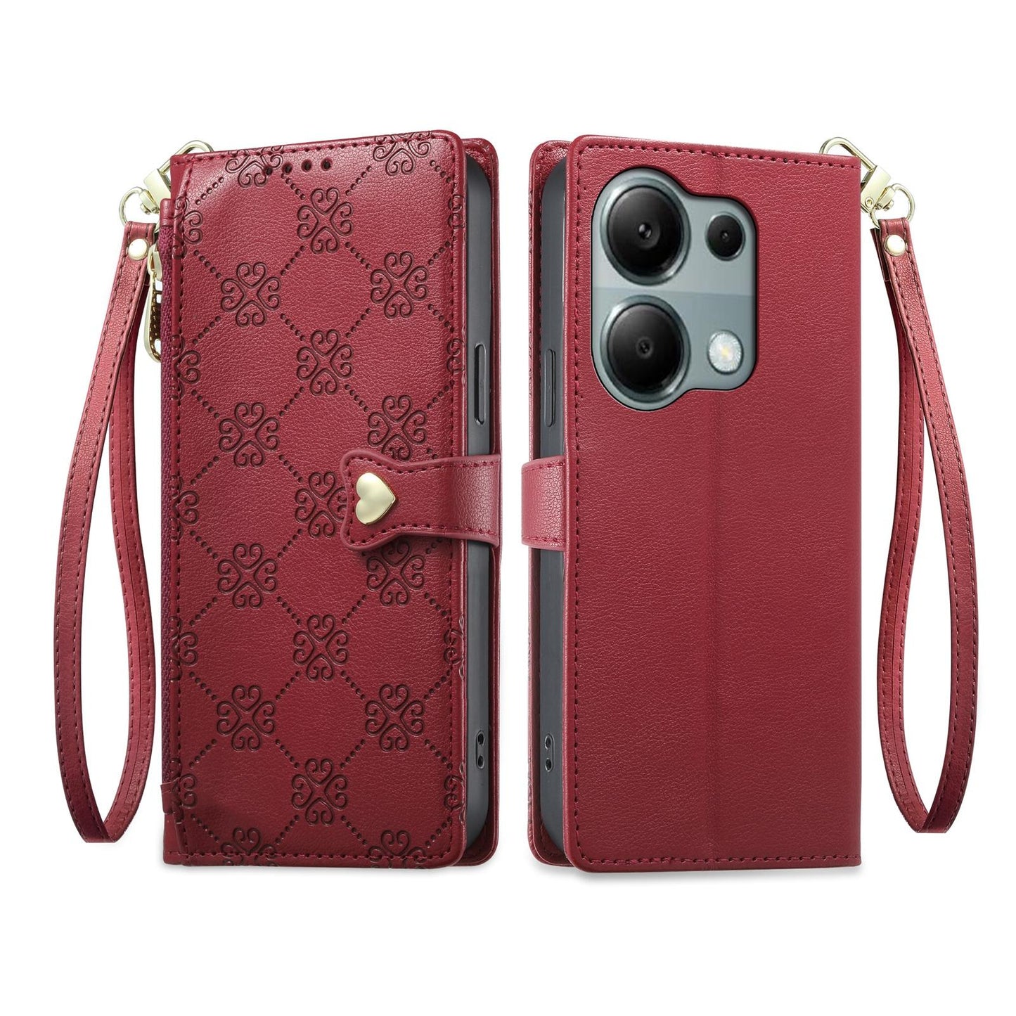 For Redmi Note 13 Pro 4G / Poco M6 Pro 4G Zipper Wallet Heart Buckle Vegan Leather Phone Case with Wrist Strap(Red)