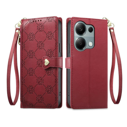 For Redmi Note 13 Pro 4G / Poco M6 Pro 4G Zipper Wallet Heart Buckle Vegan Leather Phone Case with Wrist Strap(Red)