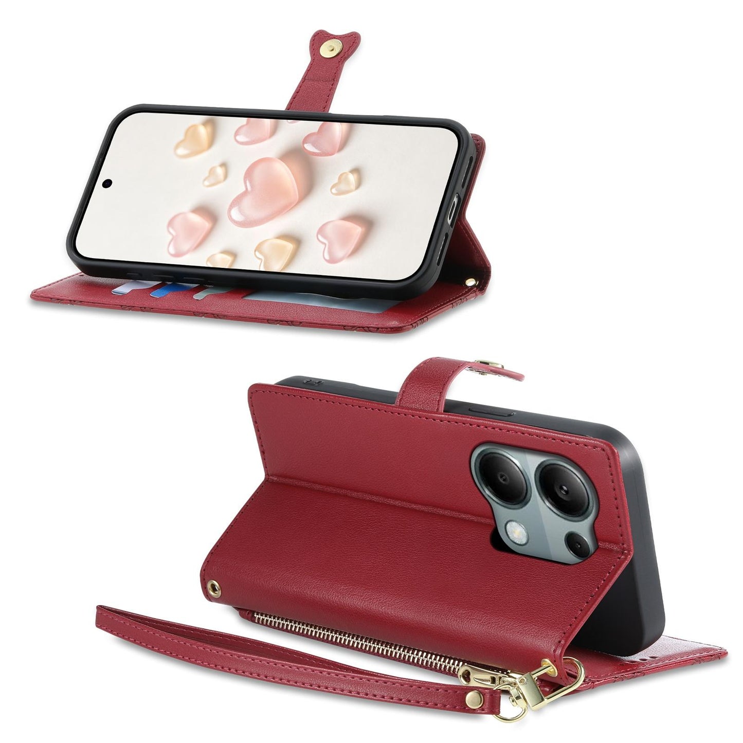 For Redmi Note 13 Pro 4G / Poco M6 Pro 4G Zipper Wallet Heart Buckle Vegan Leather Phone Case with Wrist Strap(Red)