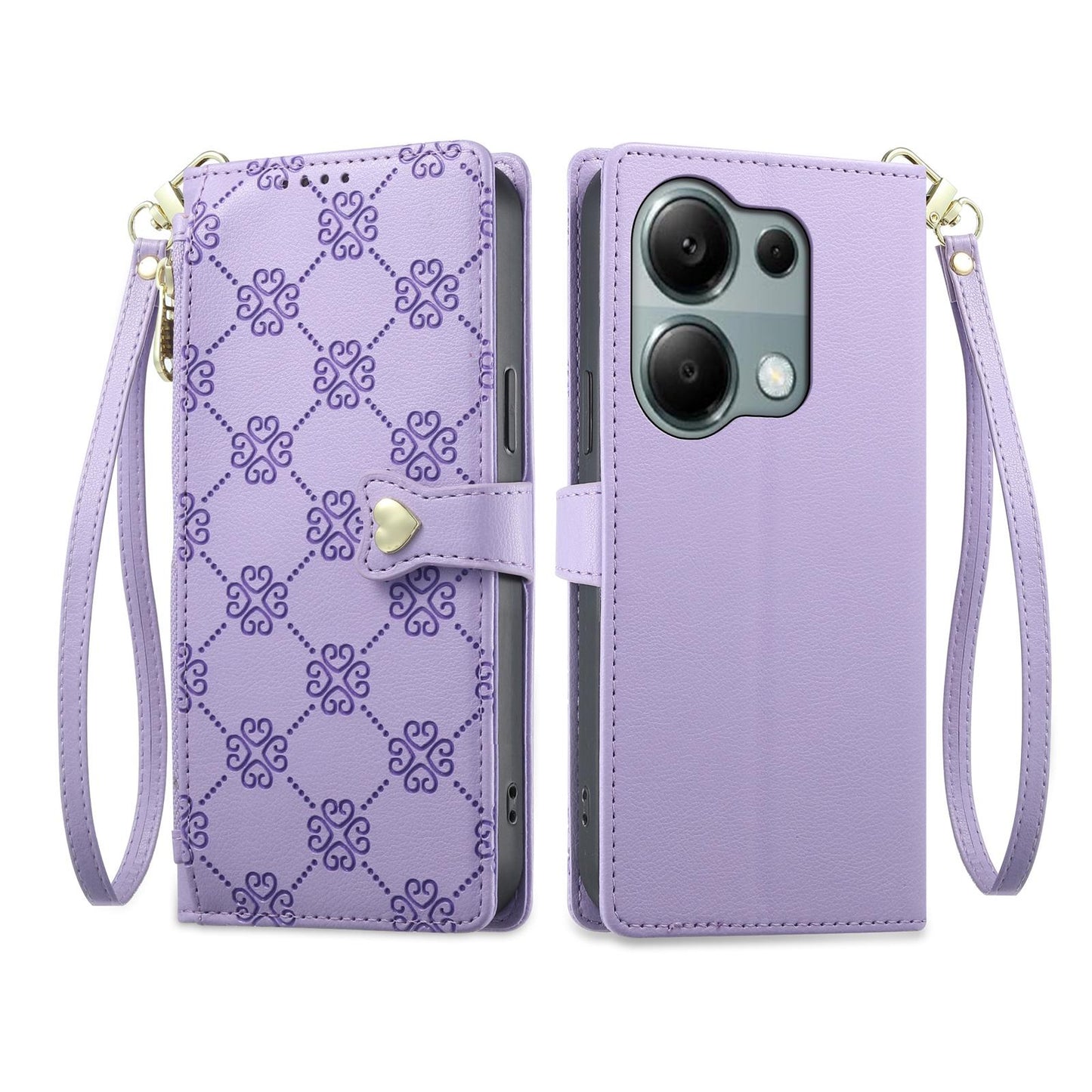 For Redmi Note 13 Pro 4G / Poco M6 Pro 4G Zipper Wallet Heart Buckle Vegan Leather Phone Case with Wrist Strap(Purple)