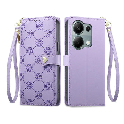 For Redmi Note 13 Pro 4G / Poco M6 Pro 4G Zipper Wallet Heart Buckle Vegan Leather Phone Case with Wrist Strap(Purple)