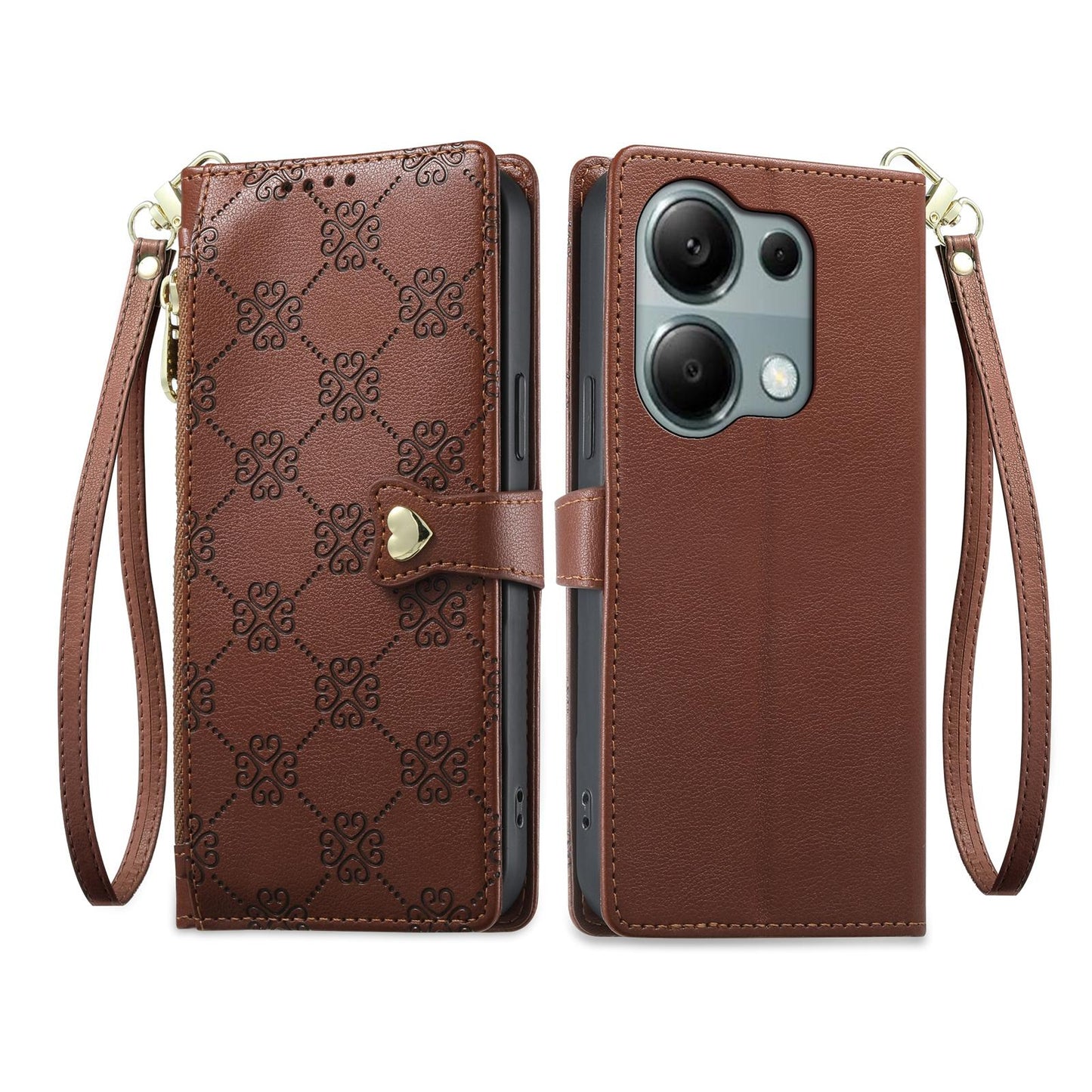 For Redmi Note 13 Pro 4G / Poco M6 Pro 4G Zipper Wallet Heart Buckle Vegan Leather Phone Case with Wrist Strap(Brown)