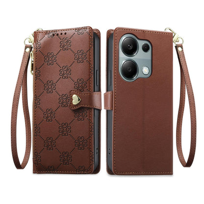For Redmi Note 13 Pro 4G / Poco M6 Pro 4G Zipper Wallet Heart Buckle Vegan Leather Phone Case with Wrist Strap(Brown)
