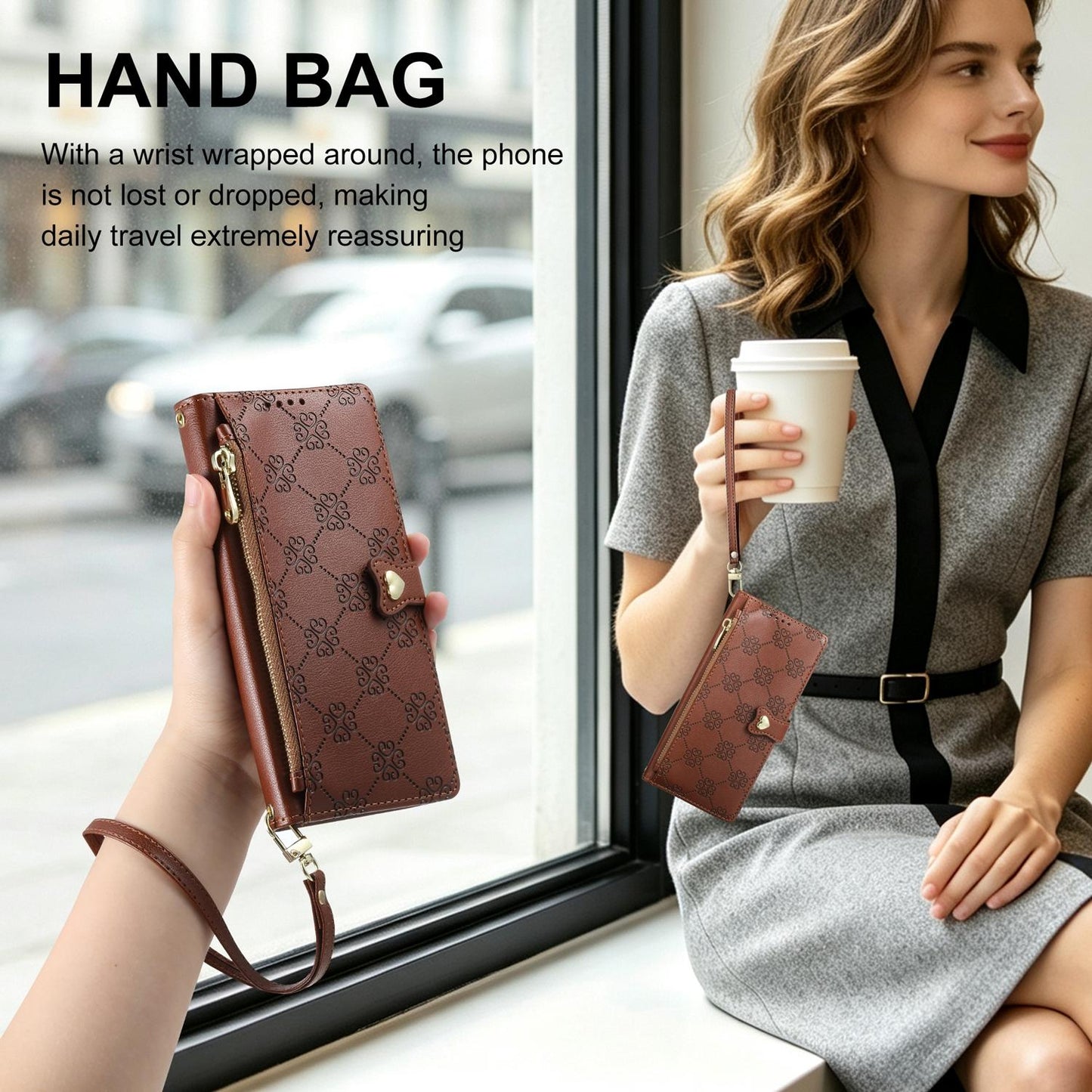 For Redmi Note 13 Pro 4G / Poco M6 Pro 4G Zipper Wallet Heart Buckle Vegan Leather Phone Case with Wrist Strap(Brown)