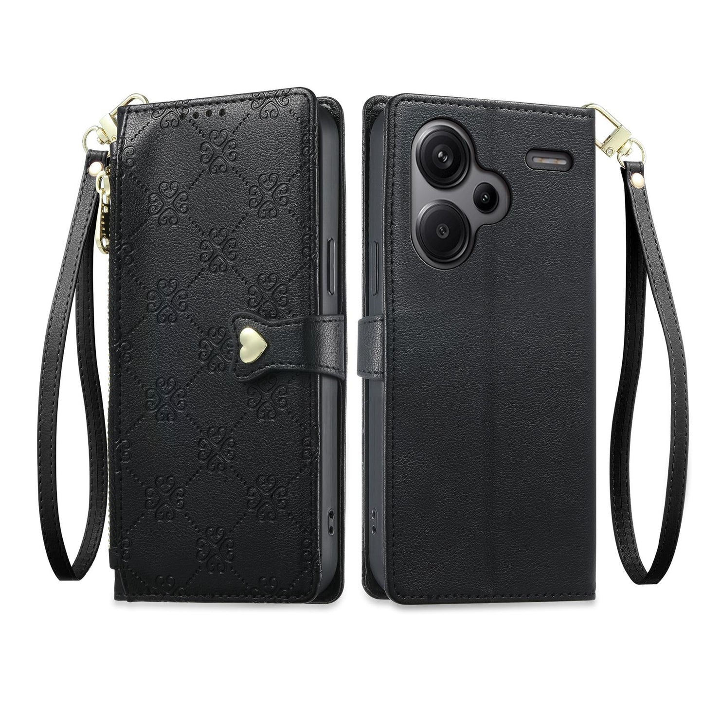For Redmi Note 13 Pro+ Zipper Wallet Heart Buckle Vegan Leather Phone Case with Wrist Strap(Black)