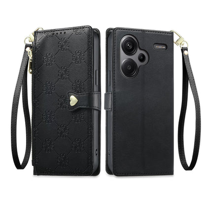 For Redmi Note 13 Pro+ Zipper Wallet Heart Buckle Vegan Leather Phone Case with Wrist Strap(Black)