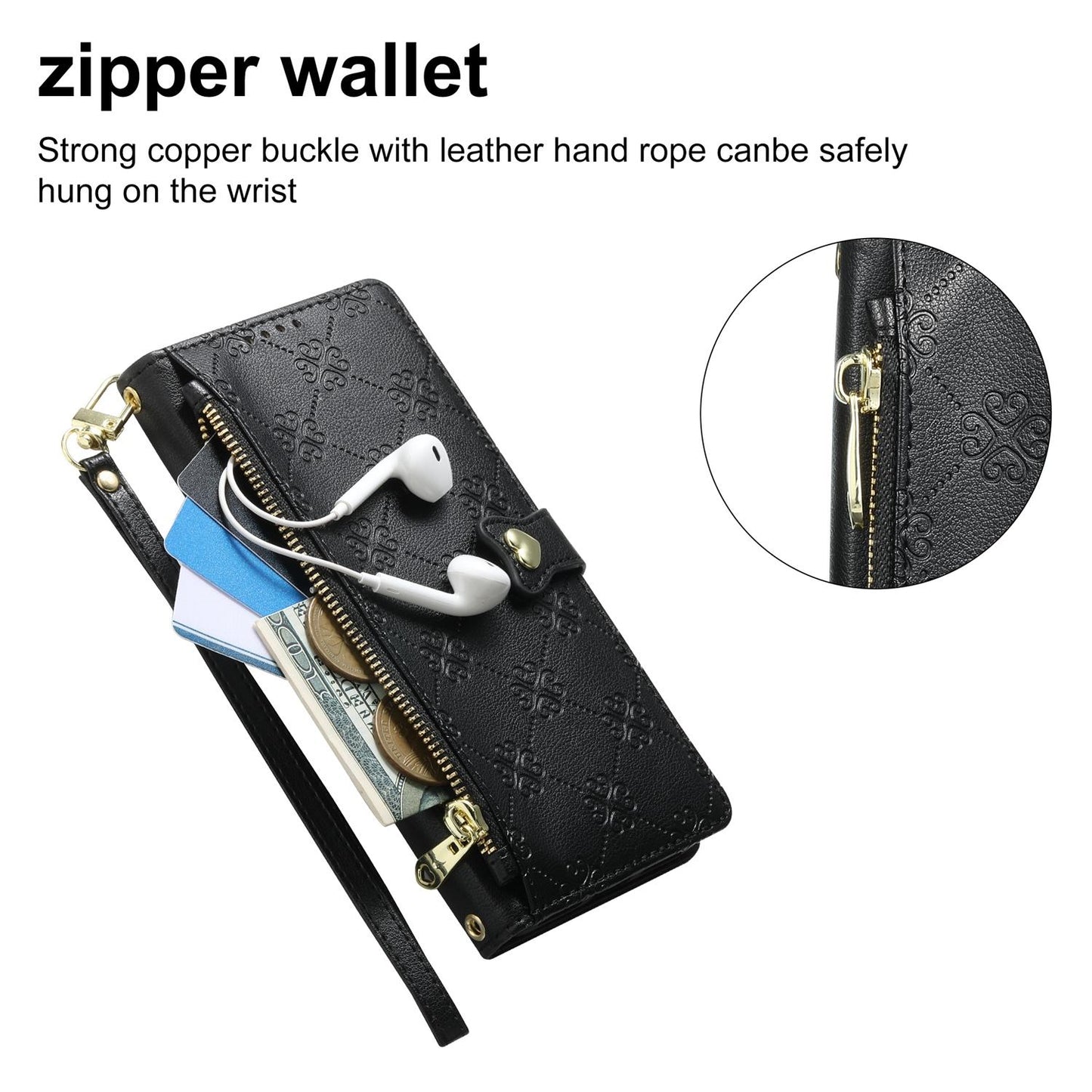 For Redmi Note 13 Pro+ Zipper Wallet Heart Buckle Vegan Leather Phone Case with Wrist Strap(Black)