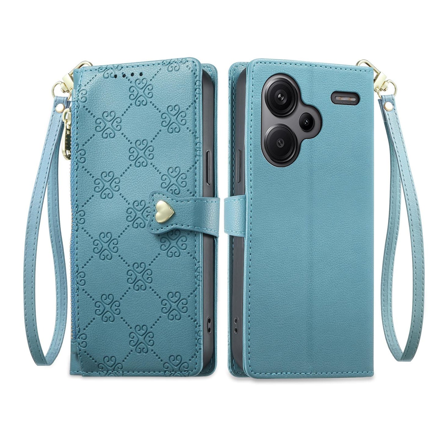 For Redmi Note 13 Pro+ Zipper Wallet Heart Buckle Vegan Leather Phone Case with Wrist Strap(Lake Blue)