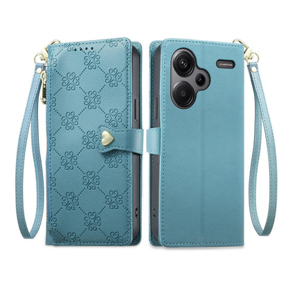 For Redmi Note 13 Pro+ Zipper Wallet Heart Buckle Vegan Leather Phone Case with Wrist Strap(Lake Blue)
