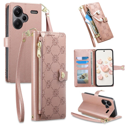 For Redmi Note 13 Pro+ Zipper Wallet Heart Buckle Vegan Leather Phone Case with Wrist Strap(Pink)