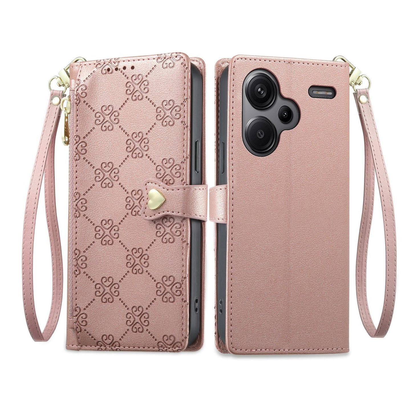 For Redmi Note 13 Pro+ Zipper Wallet Heart Buckle Vegan Leather Phone Case with Wrist Strap(Pink)