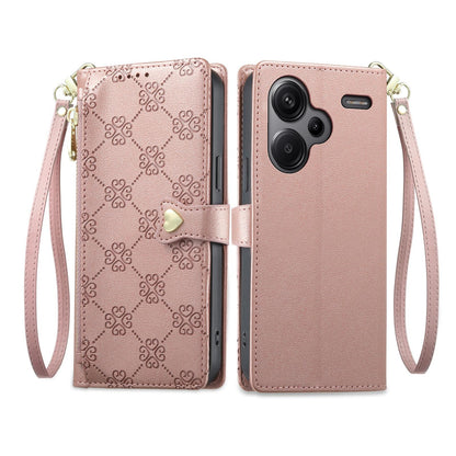 For Redmi Note 13 Pro+ Zipper Wallet Heart Buckle Vegan Leather Phone Case with Wrist Strap(Pink)