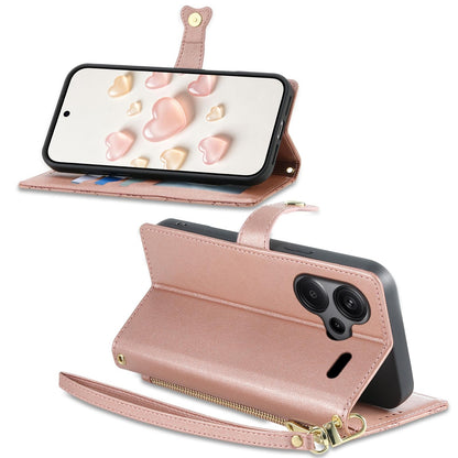 For Redmi Note 13 Pro+ Zipper Wallet Heart Buckle Vegan Leather Phone Case with Wrist Strap(Pink)