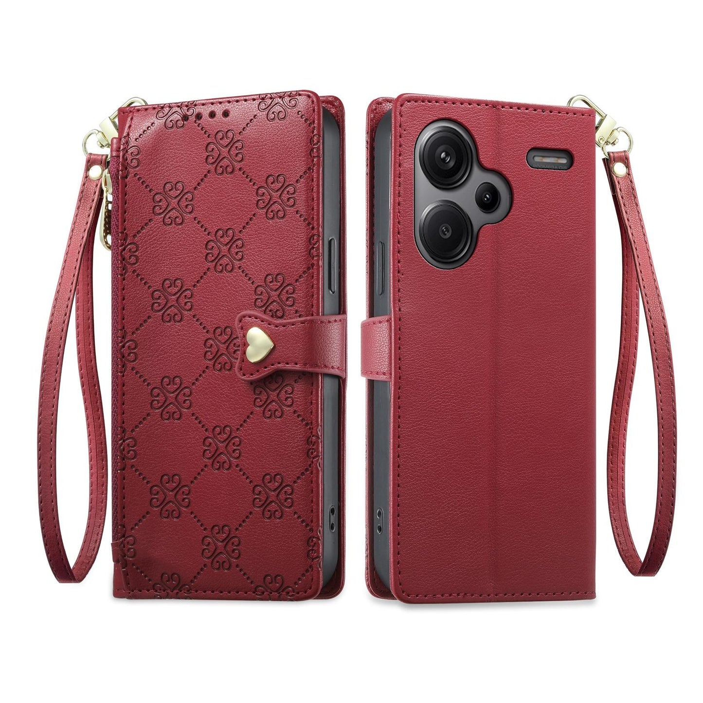 For Redmi Note 13 Pro+ Zipper Wallet Heart Buckle Vegan Leather Phone Case with Wrist Strap(Red)