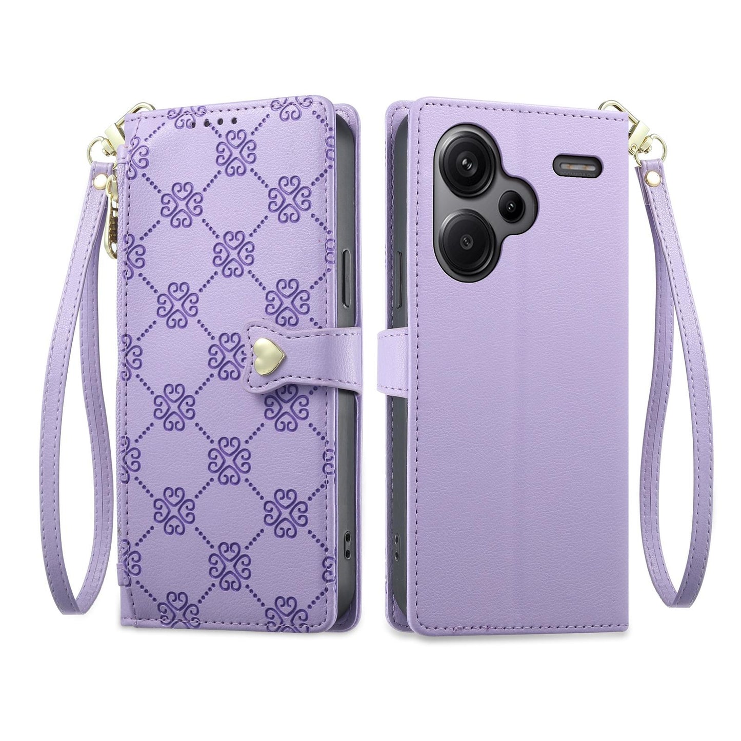 For Redmi Note 13 Pro+ Zipper Wallet Heart Buckle Vegan Leather Phone Case with Wrist Strap(Purple)