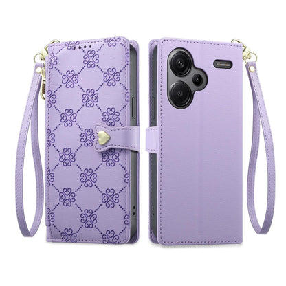 For Redmi Note 13 Pro+ Zipper Wallet Heart Buckle Vegan Leather Phone Case with Wrist Strap(Purple)