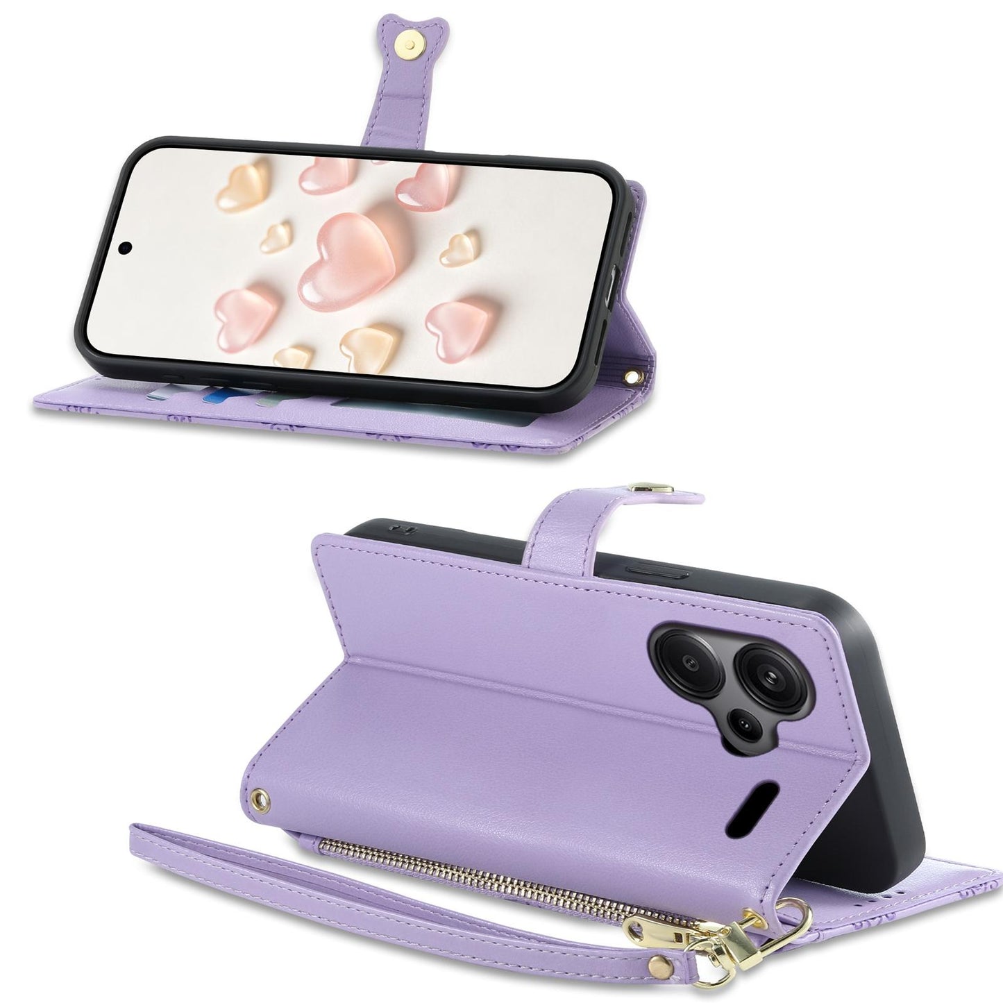 For Redmi Note 13 Pro+ Zipper Wallet Heart Buckle Vegan Leather Phone Case with Wrist Strap(Purple)