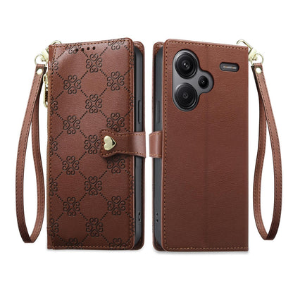 For Redmi Note 13 Pro+ Zipper Wallet Heart Buckle Vegan Leather Phone Case with Wrist Strap(Brown)
