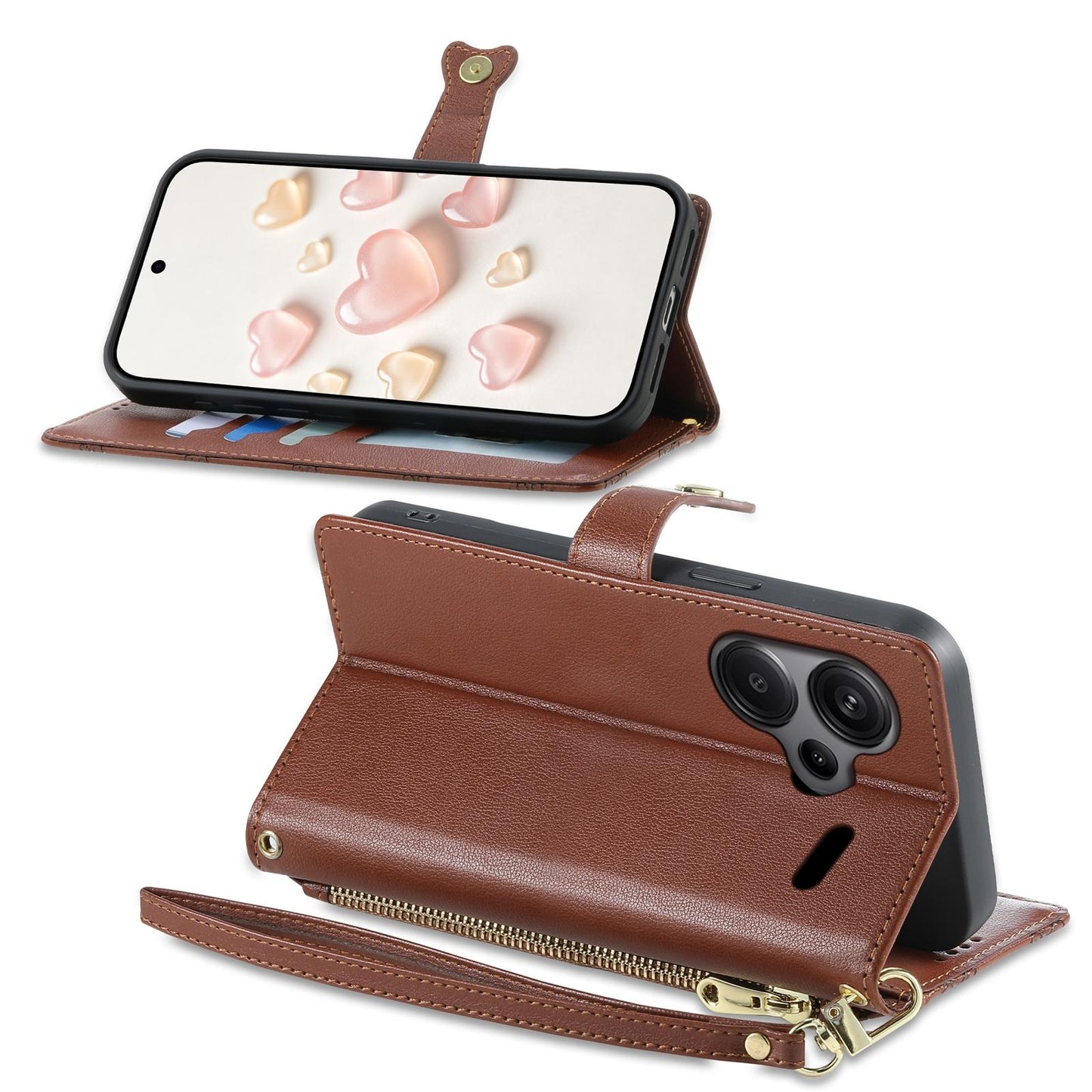 For Redmi Note 13 Pro+ Zipper Wallet Heart Buckle Vegan Leather Phone Case with Wrist Strap(Brown)
