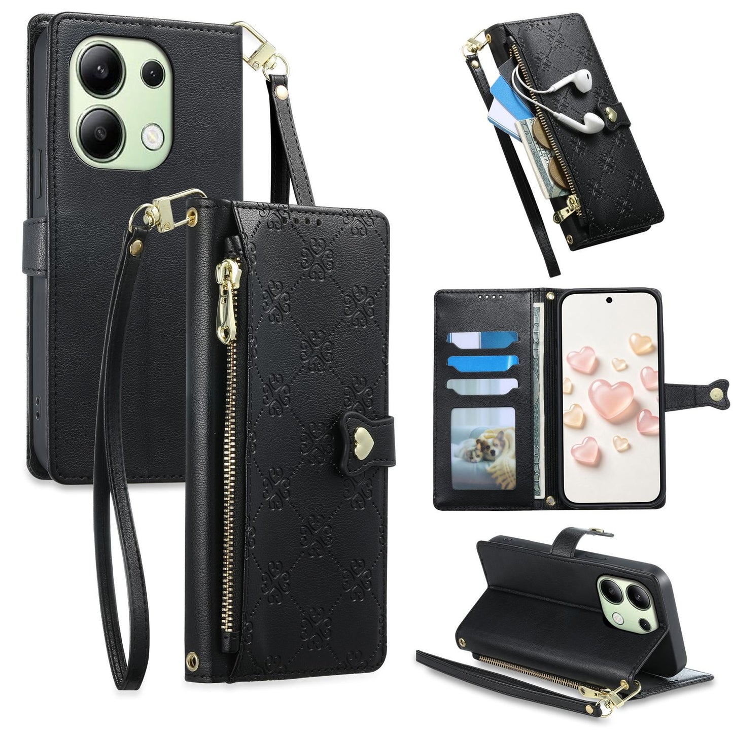 For Redmi Note 13 4G Zipper Wallet Heart Buckle Vegan Leather Phone Case with Wrist Strap(Black)