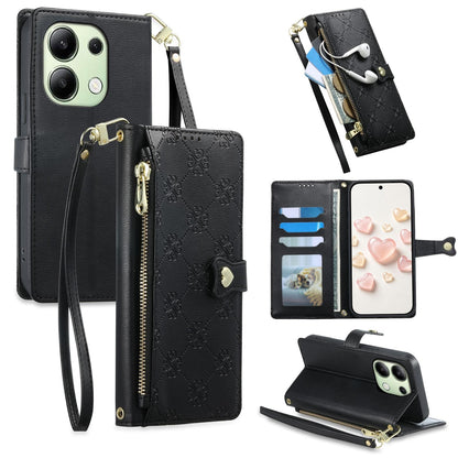 For Redmi Note 13 4G Zipper Wallet Heart Buckle Vegan Leather Phone Case with Wrist Strap(Black)