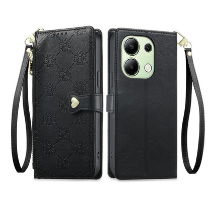 For Redmi Note 13 4G Zipper Wallet Heart Buckle Vegan Leather Phone Case with Wrist Strap(Black)