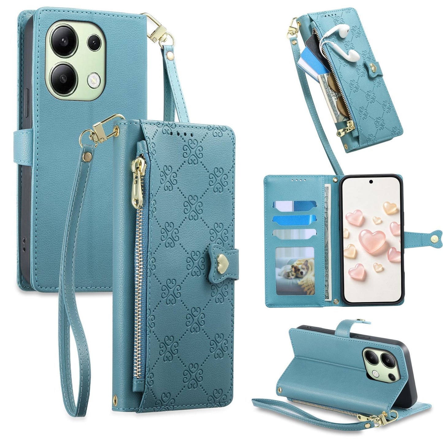 For Redmi Note 13 4G Zipper Wallet Heart Buckle Vegan Leather Phone Case with Wrist Strap(Lake Blue)