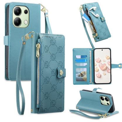 For Redmi Note 13 4G Zipper Wallet Heart Buckle Vegan Leather Phone Case with Wrist Strap(Lake Blue)